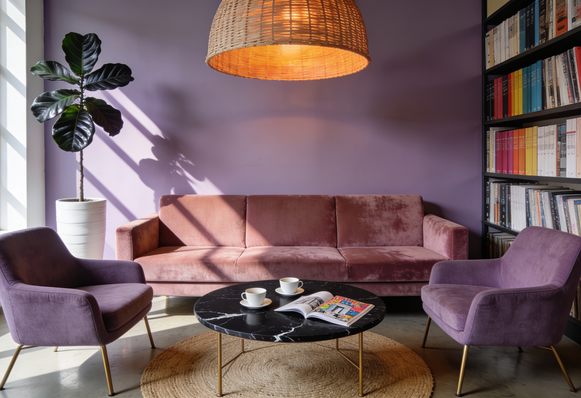 Pembe kadife kanepe lounge köşesi dekoratif bitkiyle
