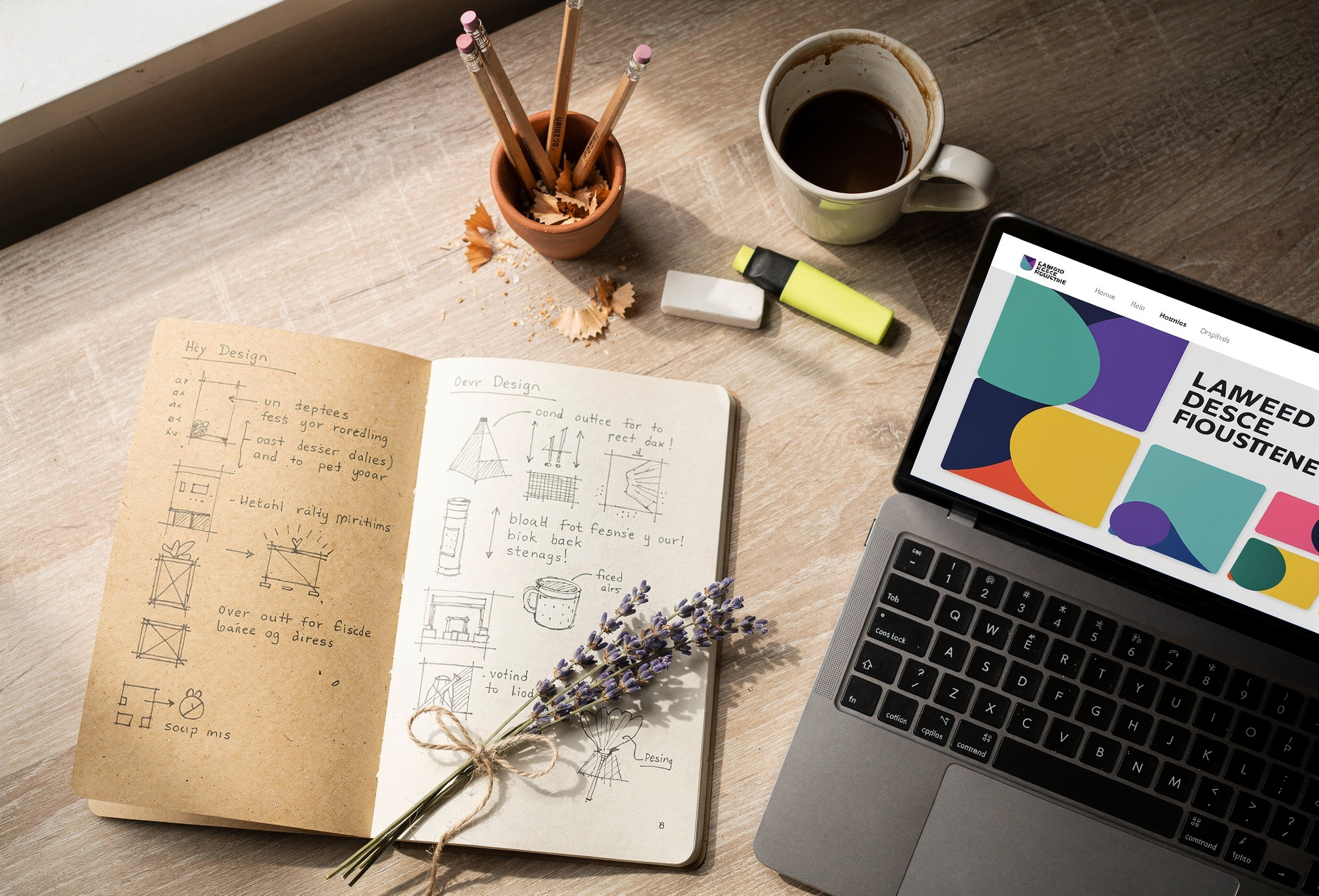 Açık defter kalem ve kahve yaratıcı masasında