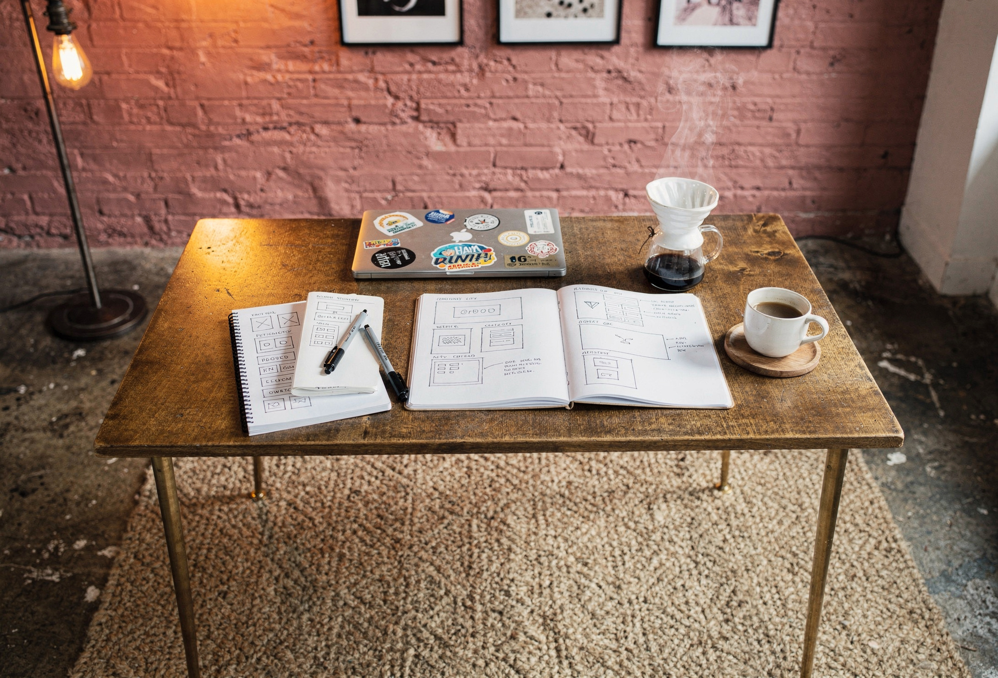 Endüstriyel loft çalışma köşesi, defter ve kahve